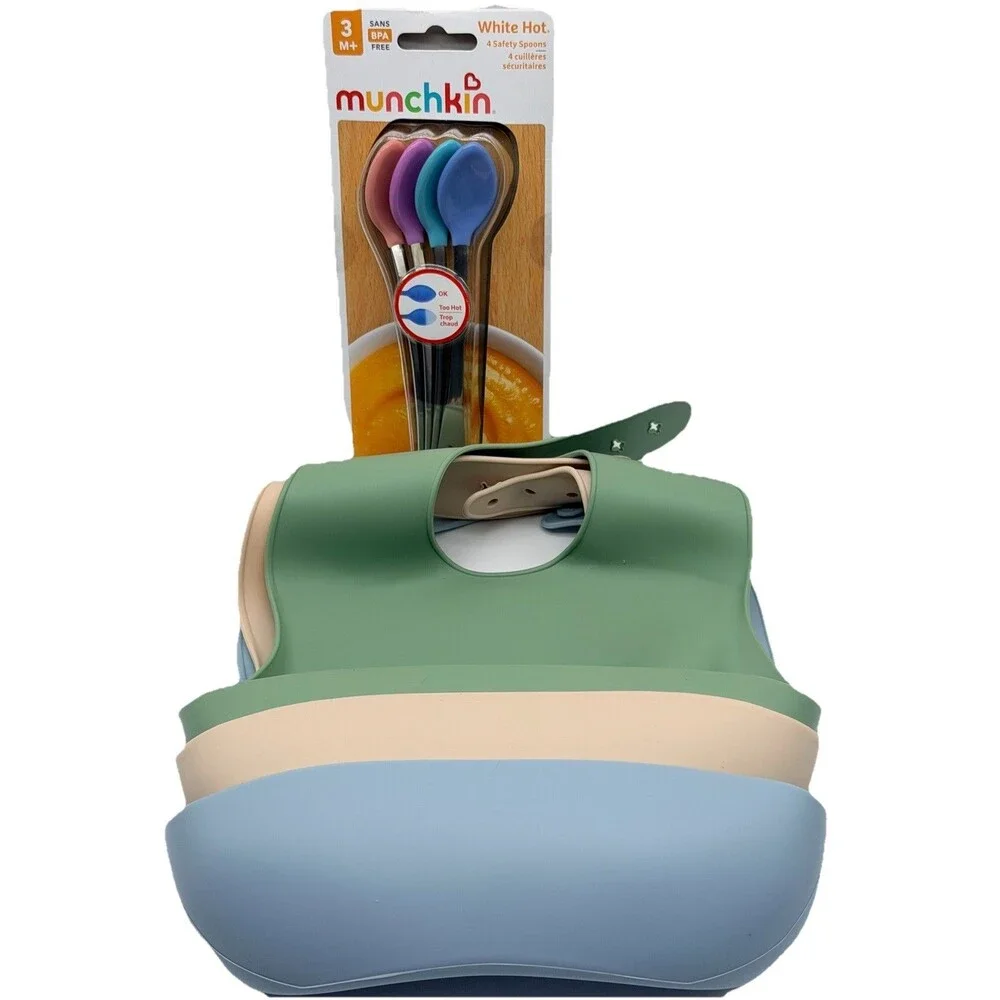 NEW Munchkin White Hot 4 Safety Spoons, BPA-Free, and 3 Silicone Bibs